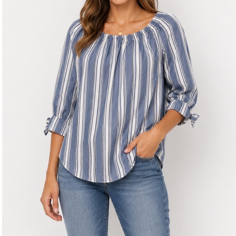 No Comment Off Shoulder Blouse Womens XL Blue White Striped Tie Sleeve Top